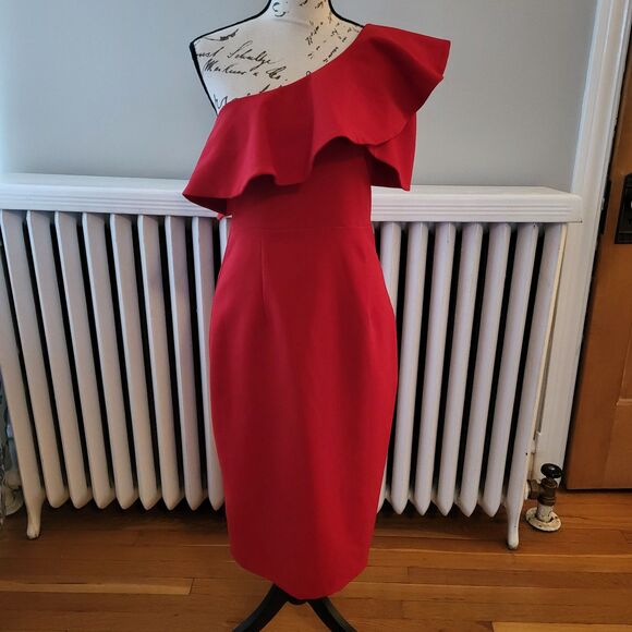 Zara One Shoulder Candy Apple Red Ruffled Pencil Dress Midi Length Holiday Sz M - Picture 6 of 13